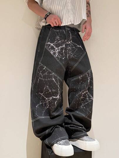 Hearty Haven 1pc American Street Style Digital Print Men's Wide Leg Pants Loose Comfortable 3D Effect Streetwear Jeans All Season Versatile Street Style Long Pants - No Belt And Accessories