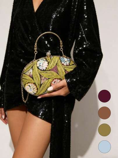 1pc Women's Exquisite Chinese Floral Sequin Evening Bag, Vintage Luxury Style Handbag, Shoulder Bag, Crossbody Bag, Evening Clutch, With Detachable Shoulder Strap, Sparkling Handbag, Clutch Bag, Perfect For Dazzling Disco Parties And Music Festivals, Parties, Proms And Weddings; Social Gatherings And Photoshoots, A Gift For Female Friends, Valentine's Day Gift, Sister Gift, A Perfect Gift For Parties, Weddings And Music Festivals.