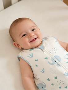 1件装新生儿睡袋棉纱布襁褓包巾，春季新生儿防踢毯卡通大象印花无袖背心婴儿包巾，婴儿用品 - 藍色 - 查看 5