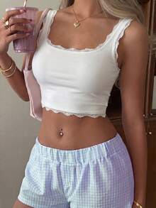 Women's Sleeveless Lace-Trimmed Cropped Tank Top– Effortless Daily Outfits, Edgy Streetwear Styling, Baddie Fashion, Urban Photo Shoot Looks, Casual Summer Daywear - Apricot - View 3