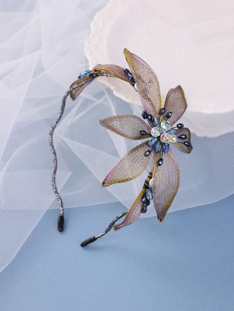 1pc Women's Handmade Blue Flower Crystal Headband, Ombre Color, Suitable For Daily Wear And Formal Occasions,Wedding Hair Accessories - 金色 - 查看 1