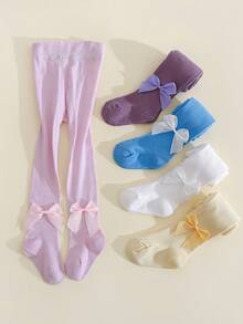 5pcs Girls' Bow Decor Versatile Casual Leggings/Tights, Suitable For All Seasons - Multicolor - View 4