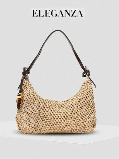 2026 Nueva Bolsa de Playa de Paja Tejida Caqui de Primavera, Accesorio Colgante de Moda Bolso Casual de Debajo del Brazo, Bolso de Mano de Gran Capacidad, Bolso de Hombro Versátil para Ir al Trabajo, Viajes, Salidas, Diario, Ocio, Campus, Compras. Combina bien con Camisas, Camisetas, Vestidos, Faldas, Trajes, Pantalones, Pantalones Casuales, Jeans y Vestidos Deslizantes.
