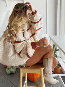 Colorblock Striped Loose Casual Pullover Sweater, Versatile And Comfortable - Red and White - View 3
