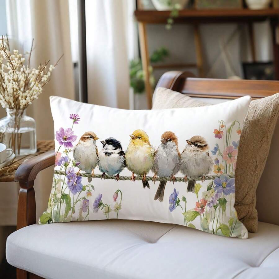 1 pieza Funda de cojín decorativa con rama floral de primavera y pájaro, impresa por un solo lado en terciopelo melocotón, se ajusta a cojines de 30*50/40*60CM, adecuada para la decoración de la sala de estar moderna, decoración de fiestas, regalo - Multicolor - Ver 1