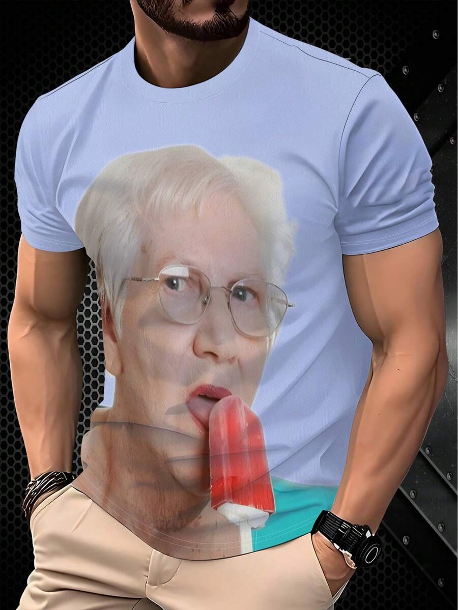 个性白色T恤，趣味奶奶吃冰淇淋3D印花，吸睛创意男士休闲时尚短袖，100%涤纶 - 彩色 - 查看 1