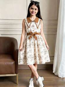 女童梭织数码印花休闲优雅连衣裙 - 杏色 - 查看 2