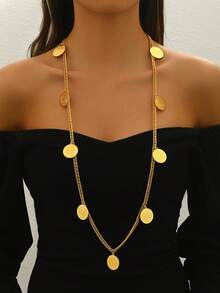 1pc Vintage Metal Coin Pendant Long Sweater Necklace, Party/Wedding Decoration, Holiday Gift - Yellow Gold - View 3