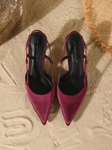 On feet& in love Women's Elegant Pointed Toe Slip-On Pumps With Metal Buckle Decor, Versatile High Heels Suitable For Dresses And Weddings - Burgundy - View 6
