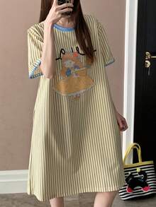 女士条纹黄色卡通拼接休闲圆领睡裙，适合春夏穿着 - 黃色 - 查看 2