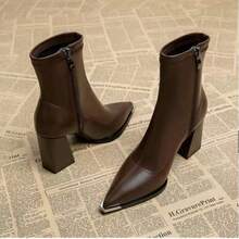 2026 Spring/Autumn New Vintage Classic Black & Brown Metal Pointed Toe Side Zipper High Heel Ankle Boots For Women - Black - View 2