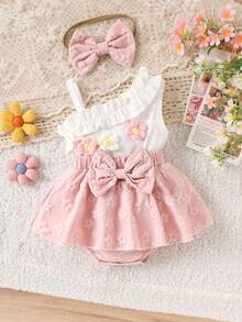 1pc Baby Girl Cute Sweet Asymmetric Neck White Camisole Top Paired With Pink Skirt, Spring/Summer - Pink - View 1