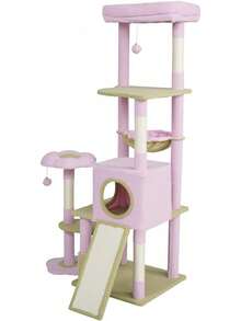 FINYQBET Árbol para Gatos, 155 cm de Altura, 8 Niveles con Cueva, Hamacas, Rascador de Sisal y Forro Polar Suave, Diseño Flor, 2 Pompones, Torre de Juego para Gatos Grandes y Múltiples Mascotas - 1 - Ver 5