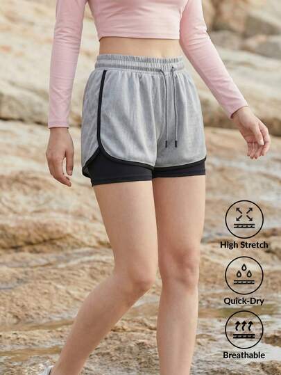 2-In-1 Women Outdoor Shorts, Solid Color Elastic Lining Sports Pants With Phone Pocket, 2 In 1, Suitable For Running, Sports, Yoga, Fitness In Summer