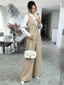 Women's Plaid Wide Leg Jumpsuit With Pearl Buttons And Pockets - Yellow - View 4
