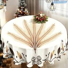1pc 60x 60inch Round Tablecloth - Elegant Leaf Pattern Bohemian Style Neutral Table Cover, Durable Fabric, Suitable For Modern Kitchen, Dining Room, Indoor/Outdoor - Suitable For Rectangular, Round, Oval Tables - Easy-To-Clean Party Decoration, Suitable For Christmas, Weddings - E - 查看 3