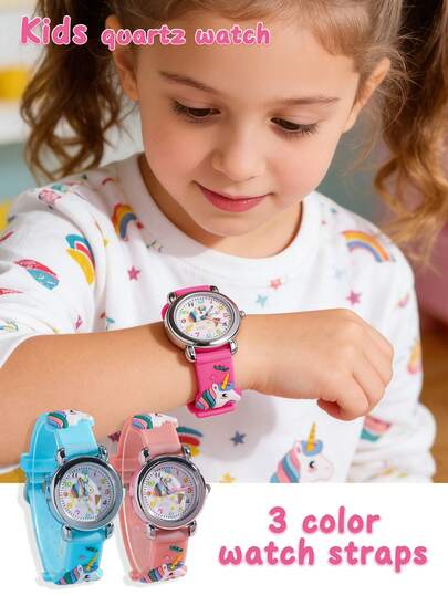 3pcs/Set Kids & Adults Colorful Round Dial Cute Pink Silicone Band Unicorn, Ice Cream, Cloud Pattern Quartz Watches, Suitable For Back To School, Halloween, Christmas Gifts, Daily Decoration