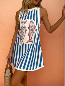 Đầm không tay họa tiết cá sọc tương phản, phong cách Bohemian mùa hè, thoải mái, giản dị, cổ điển, dành cho nữ, thích hợp cho bữa ăn trưa hoặc tiệc nhẹ. - Màu xanh lam - Xem 2