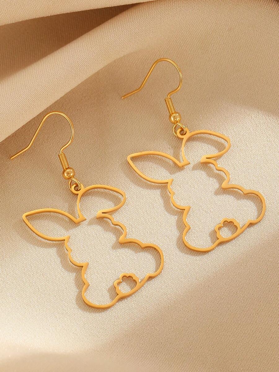 1 Pair Stainless Steel Asymmetric Hollow Rabbit Design Earrings, Simple Casual Elegant Versatile High-End Gifting, Suitable For Women's Daily, Party, And Banquet Wear - Multicolor - View 1