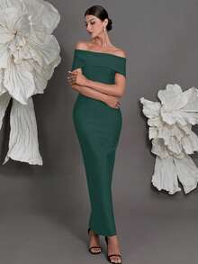 露肩绷带针织紧身连衣裙，奢华欧式风格，修身铅笔裙，适合家庭聚会、派对、宴会、婚礼等春季派对。 - 墨綠色 - 查看 5