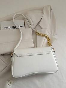 1pc Minimalist Solid Color Flap Shoulder Bag, Classic Textured Crossbody Bag, Women Handbag - White - View 6