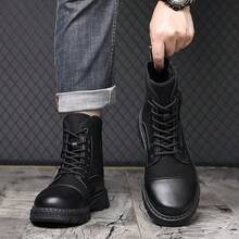 Mens Casual Combat Ankle Boots Lace Up Round Toe Fabric Panels Leather Look Trim Side Buckle Detail Chunky Lug Sole For Outdoor Walking And Streetwear - Black - View 7