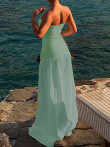 Sexy Casual Strapless Hollow-Out A-Line Vacation Dress, Spring/Summer Elegant - Mint Green - View 4
