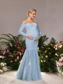 Faeriesty Đầm maxi dài tay trễ vai màu xanh nhạt thanh lịch dành cho bà bầu, chi tiết nhún bèo ở ngực tạo điểm nhấn nữ tính (tạo hiệu ứng xếp lớp), thích hợp cho đám cưới mùa xuân, lễ kỷ niệm Ngày của Mẹ. - Màu xanh nhạt - Xem 6