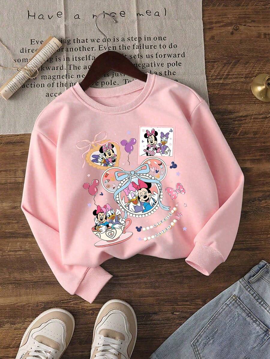 1pc Disney Minnie Mouse & Daisy Duck Charming Pastel Graphic Sweatshirt, Comfortable & Easy To Wear, Sweet Preppy Style For Tween Girls, Perfect For School Days & Casual Gatherings - Hồng - Xem 1