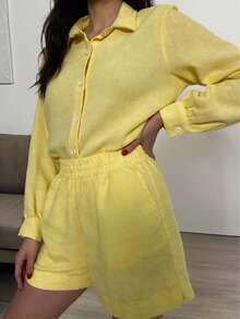 SV Upgrade. Women's Linen Set With Basic Blouse And Casual Shorts - Summer. - New Yellow - View 3