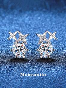 BLOVEMEE 2只简约可爱925银0.5克拉莫桑石星星耳钉，适合女性日常佩戴、派对、度假、母亲节、生日、结婚纪念日等场合，是馈赠佳品。 - 銀色 - 查看 1