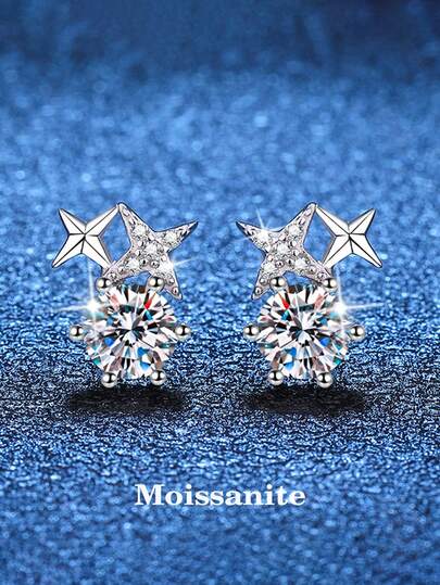 BLOVEMEE 2只简约可爱925银0.5克拉莫桑石星星耳钉，适合女性日常佩戴、派对、度假、母亲节、生日、结婚纪念日等场合，是馈赠佳品。