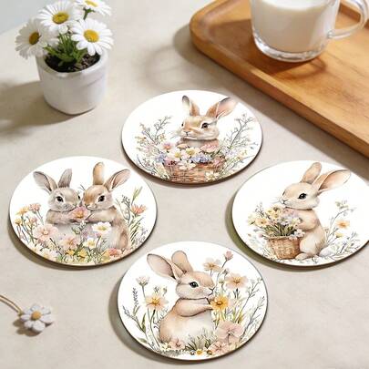 4pcs/Set Vintage Spring Coasters, Rabbit And Easter Egg Patterns, Rustic Style Round Wooden Coasters With Heat-Resistant And Non-Slip Base, Suitable For Coffee Cups And Tea Cups, Easter Party Supplies.