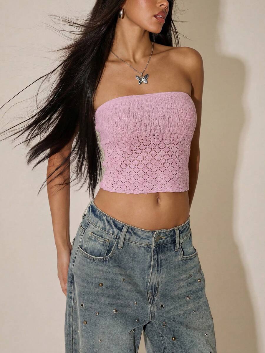 Faeriesty 粉色无袖短款针织上衣，镂空花卉图案点缀，修身剪裁——清新甜美的休闲风格，适合周末早午餐、城市漫步、休闲聚会、咖啡馆小憩、夏季假期等场合。 - 粉色 - 查看 1