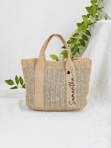 Personalized Retro Woven Tote Bag, Multifunctional Shoulder Woven Bag For Commuting. Waterproof Shopping Bag, Storage Bag And Travel Bag, Made Of Linen Material. Customizable Name Tote Bag Gift, Suitable For Weddings, Birthdays, Beaches And Holidays, Perfect For Bridesmaids, Students And Beach Outings! - Multicolor - View 5