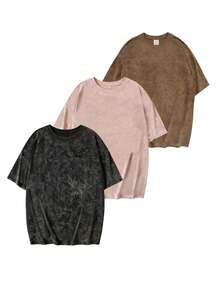 3pcs/Set Summer New Casual Tie-Dye Round Neck Short Sleeve T-Shirt, Fashionable & Versatile Women Tops - Black and Pink and Brown - View 3