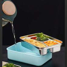 1 Pcs 304 Stainless Steel Lunch Box With Lid, Complimentary Spoons And Chopsticks, Student Cafeteria Dormitory Specific Lunch Box, Double-Layer Heated Lunch Box That Can Be Filled With Water, Perfect Holiday Gift - Màu xanh lam - Xem 8