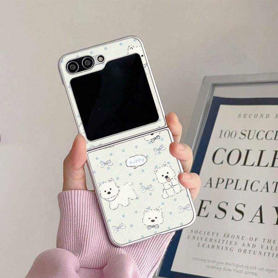 West Highland Terrier Puppy Leather Folding Phone Case For Samsung Galaxy Z Flip3 5G/Galaxy Z Flip 4 5G/Galaxy Z Flip 5 5G/Galaxy Z Flip 6 5G/Galaxy Z Flip 7 5G, Polka Dot Bow Healing Folding Screen Protective Case - Multicolor - View 1