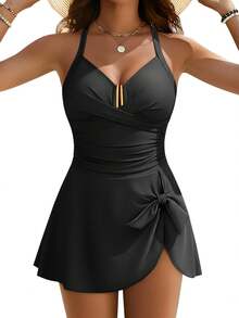 Women's Elegant One-Piece Swimsuit For Summer Beachwear, Featuring A Criss-Cross Strap Design, Push-Up Style, And U-Shaped Underwire With A Ruffled Skirt.  One Of The Most Popular Swimsuits Of 2026. - 黑色 - 查看 5