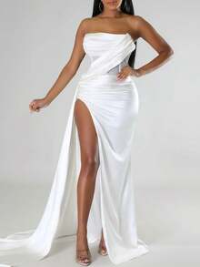 Women's Sexy Strapless Rhinestone Embellished Satin Maxi Dress | Draped Front, High Slit, Ideal For Prom & Wedding Guest - 白色 - 查看 9