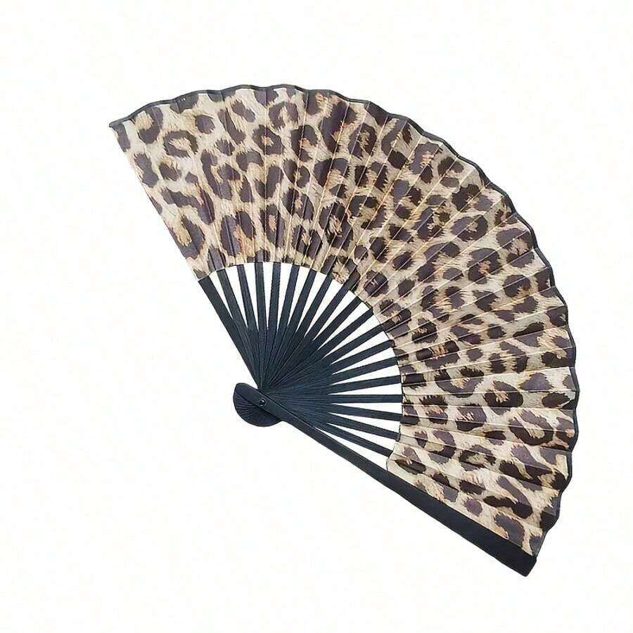 Elegant Leopard Print Folding Fan With Black Frame - Stylish Princess Theme, Lightweight & Portable For Women, Portable Fan|Princess Theme Fan|Lightweight Fan(Without A Fan Cover) - Multicolor - View 1