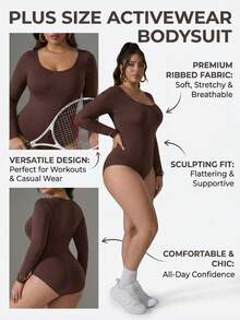 Zimi Collection 1 件装加大码无缝运动塑身连体衣，女款 1XL-5XL，棕色长袖提臀收腹运动连体衣，适合健身房训练、瑜伽、跑步等健身活动。 - 棕色 - 查看 6