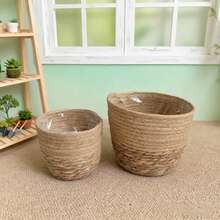 北欧风手工编织草编花盆套装，绿植收纳篮，带防水内衬，有大/中/小三种尺寸可选，适用于客厅和阳台装饰 - A - 查看 2