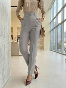 A&DD MODA, REF: 502-AS1188 | Women's Straight Tailored Pants, High Waist, Functional Side Pockets, Elegant Details On The Hem, Smooth And Sophisticated Finish, Versatile Formal Piece For Formal And Casual Looks, Comfort And Style For Everyday Wear, Improved Classic Suit - Màu Xám nhạt - Xem 6