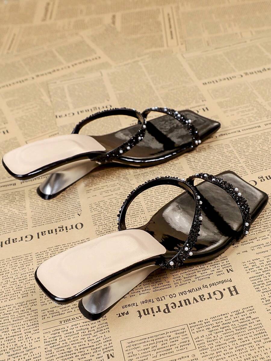 Women's Black Square Toe High Heel Slip-On Sandals, Casual Backless Mule Sandals - Black - View 1
