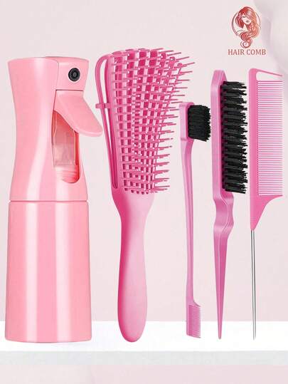 Set de 1/3/5 piezas de botella de spray y peine, incluye 1 botella de spray, 1 peine anti-estático de 8 dientes, 1 peine de cola, 1 cepillo de cejas y 1 peine de cardado. Peines unisex para cabello rizado húmedo y seco, desenredado, adecuado para cabello grueso y fino, se puede usar para maquillaje, set de 5 piezas de colores mixtos, set de estilo de baño, esencial para volver a la escuela.