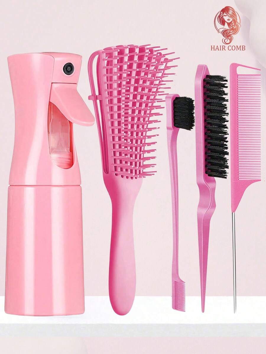 1/3/5件套喷雾瓶梳子套装，包含1个喷雾瓶、1把8齿防静电梳、1把尖尾梳、1把眉刷和1把蓬松梳。男女通用梳子，适用于干湿两用卷发，轻松梳理打结的头发，适合粗细发质，也可用于化妆。5件套混色套装，浴室造型套装，返校必备。 - 均碼 - 查看 1