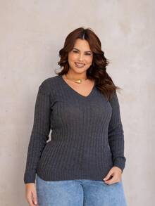 Women's Plus Size Knit Blouse With Braided Detail, V-Neck, Long Sleeves, Casual Style - 石墨 - 查看 6