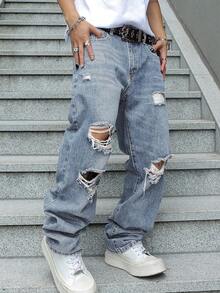 Men's Ripped Jeans Relaxed Fit Straight Leg Distressed Vintage Denim Pants Y2K Hip Hop Skater Streetwear Casual Trousers - 淺色水洗藍 - 查看 3