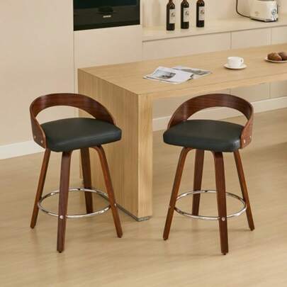 Set Of 2 Swivel Bar Stools With Low Backrest, Made Of Wood With Padded Seat, Seat Height 63 Cm (Black, Counter Height 63 Cm), DE1854BK